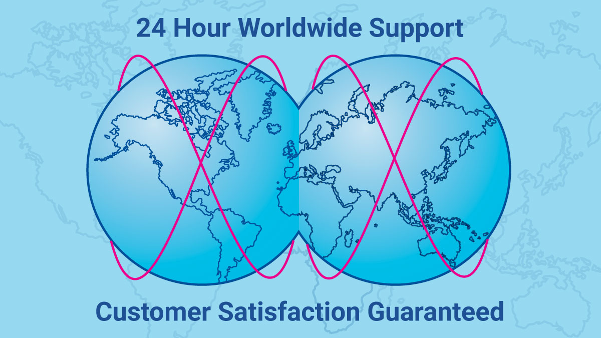 world map - 24 hour worldwide support - customer satisfaction guaranteed